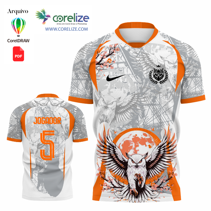 Arte Coruja Floral orange  futebol para sublimação de camiseta