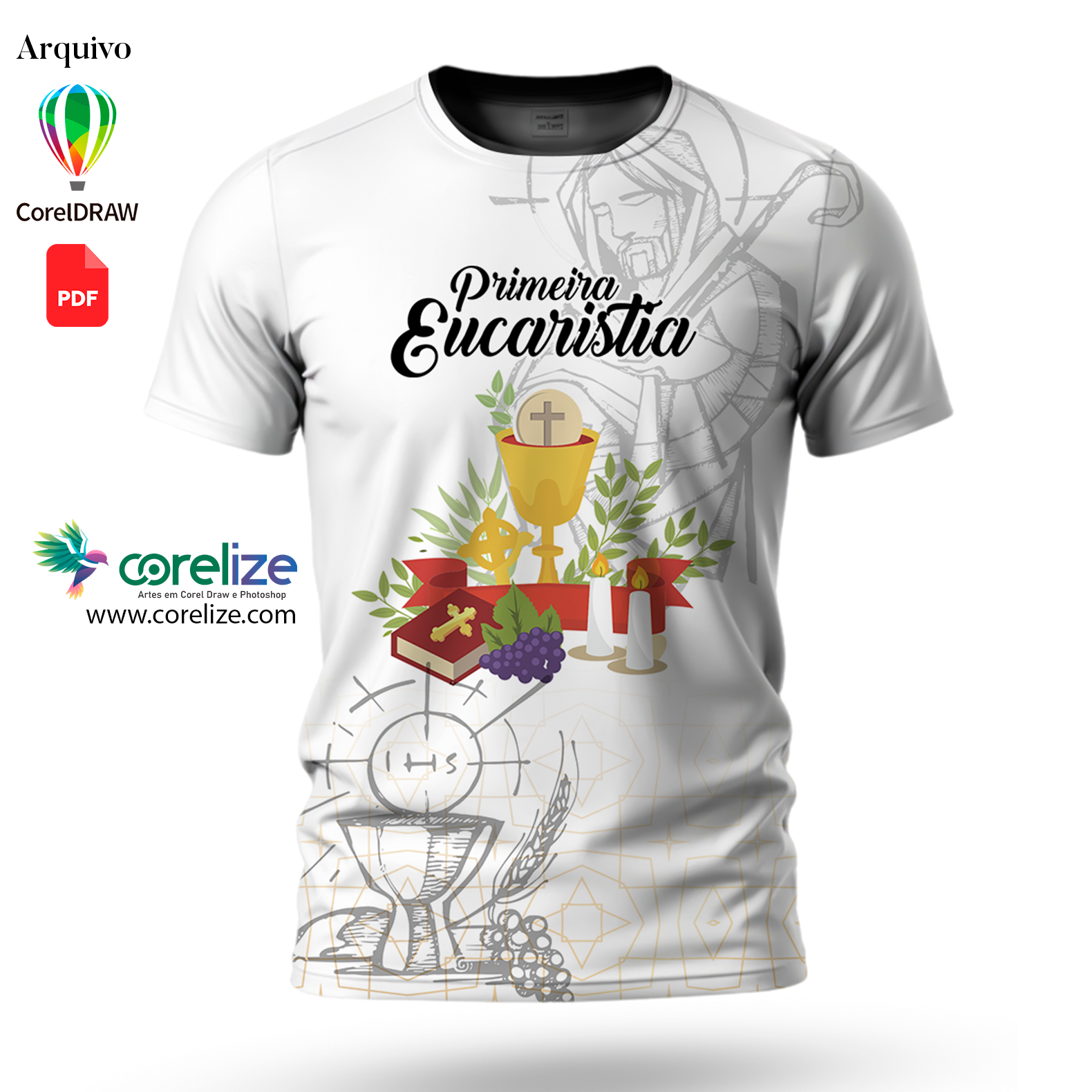 Arte Primeira Eucaristia dourado  04 para sublimação de camiseta