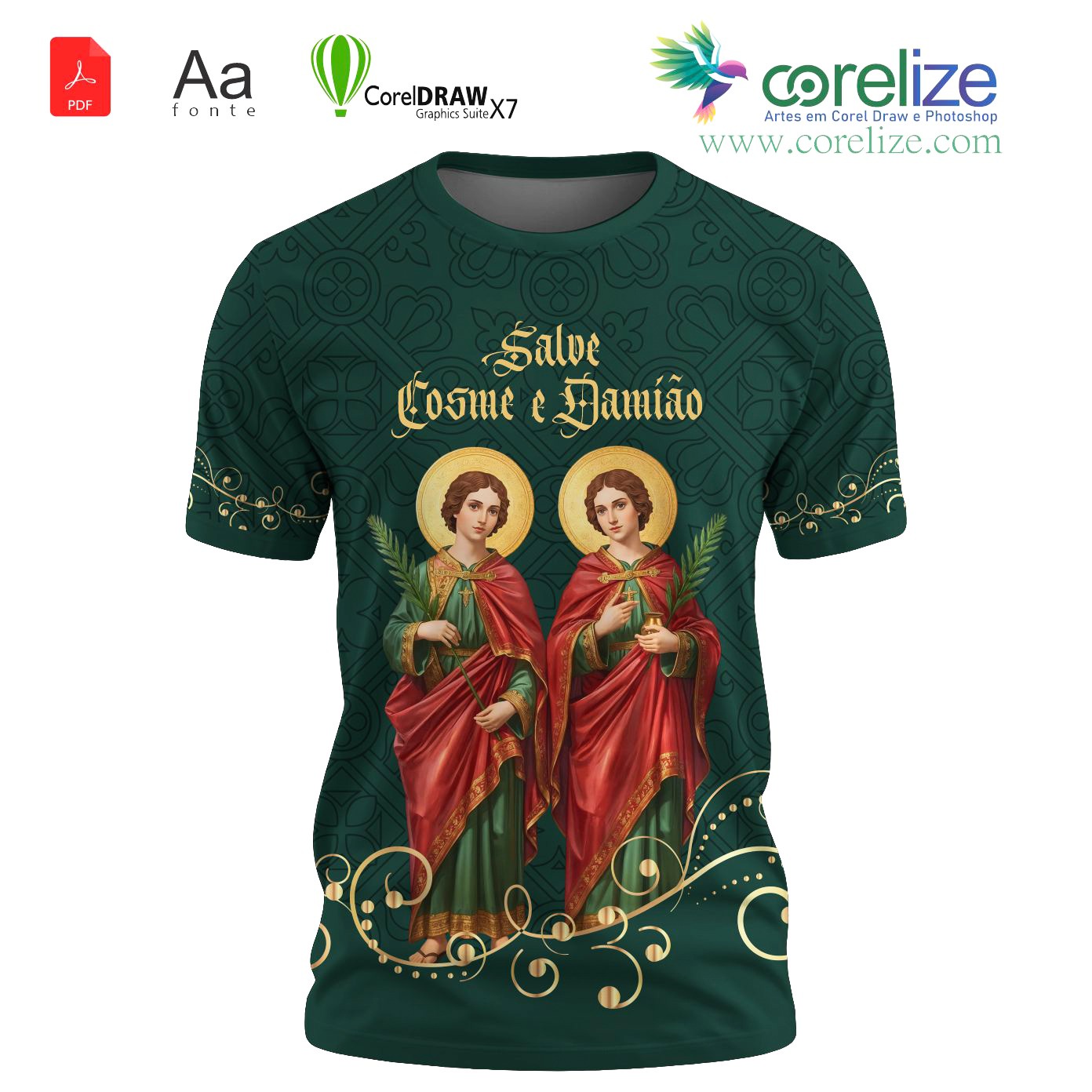 Arte: Arte 01 Salve Cosme e Damião para sublimação de camiseta